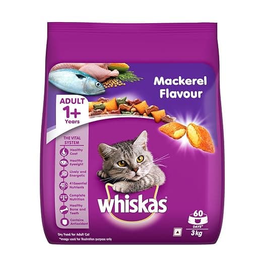 Whiskas Adult (1+ Years) Dry Cat Food, Mackerel Flavour, 3 kg